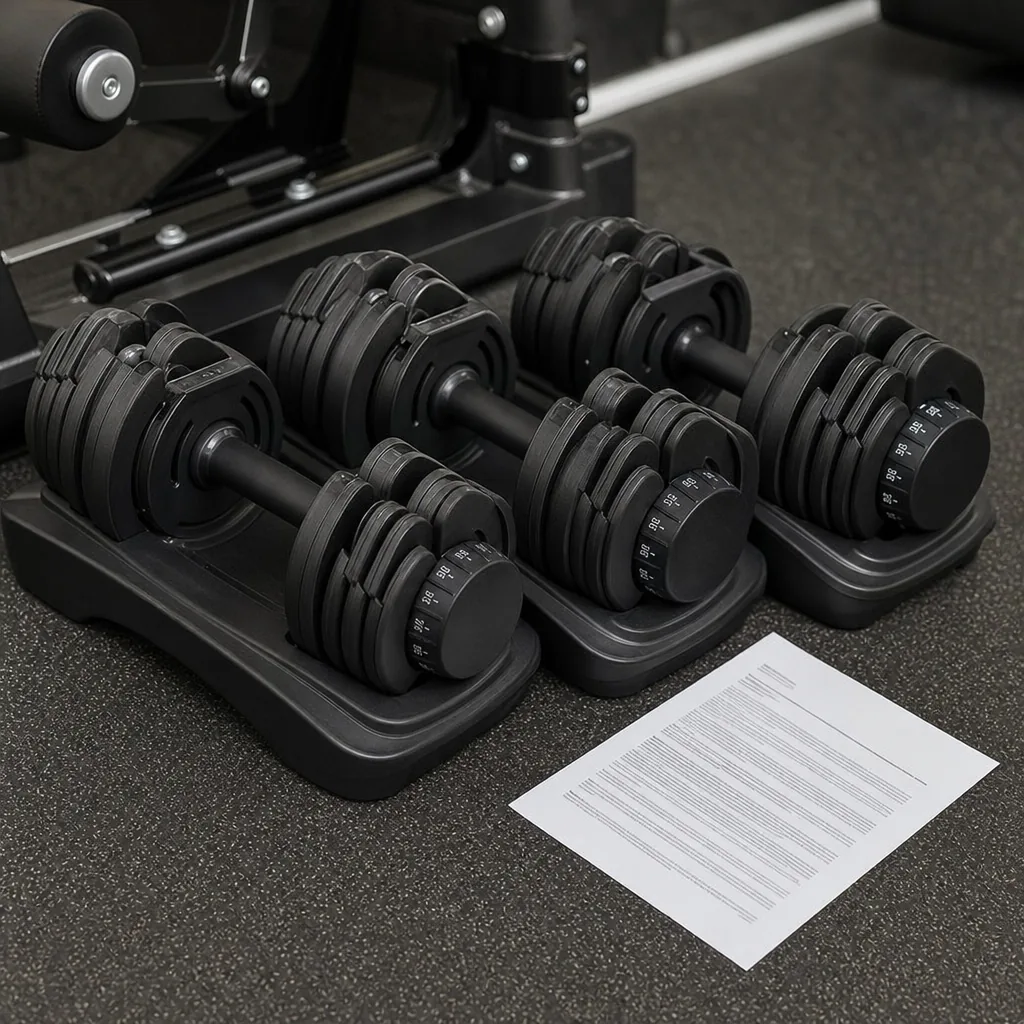 Black adjustable dumbbells with dial weight selectors resting in a molded plastic tray on a gym floor