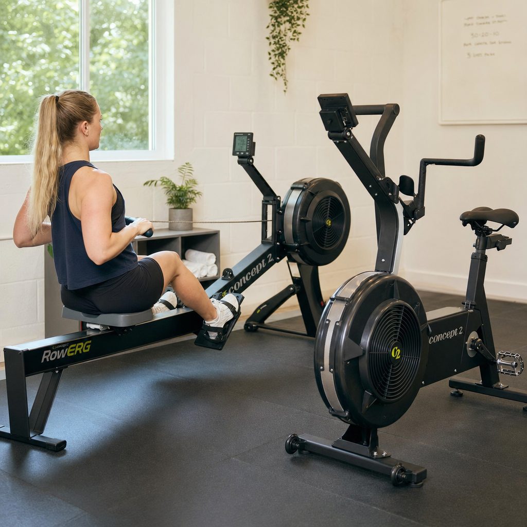 The air flywheel and damper are central to both machines, but the RowErg turns that resistance into strokes whilst the BikeErg turns it into a cycling-style gear feel.