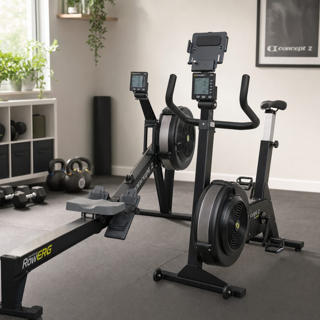 The PM5 gives both machines a shared data-first identity, while the BikeErg adds a device holder for riders who prefer a phone or tablet in front of them.