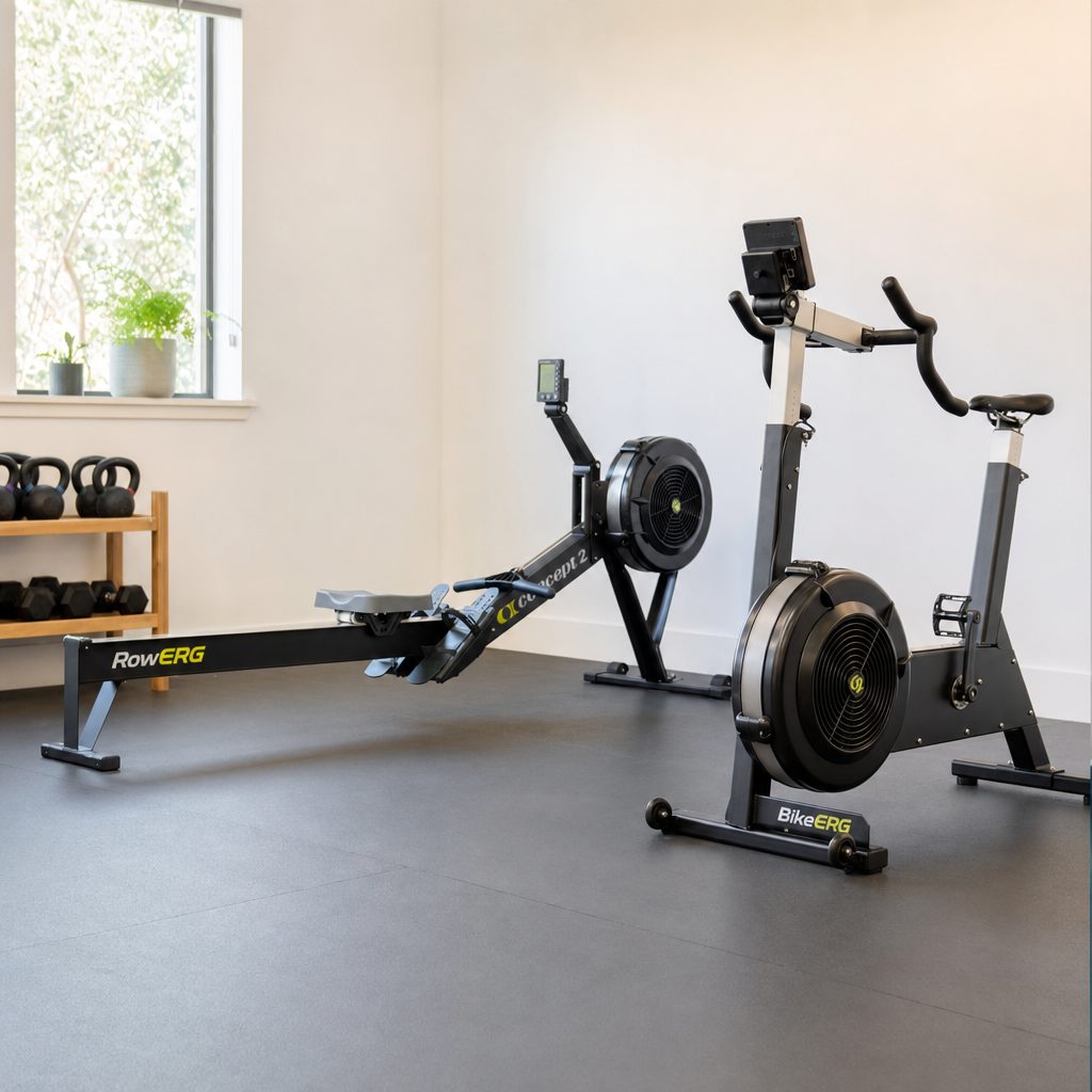 The RowErg's long monorail creates a full rowing stroke, whilst the BikeErg uses a much shorter bike-shaped footprint that is easier to position in a narrow room.