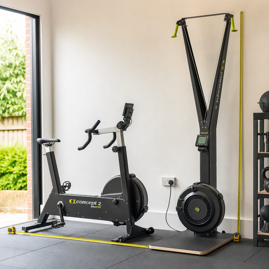 A tape measure is more useful than an inspirational quote here: the BikeErg needs floor clearance, while the SkiErg asks for height and either wall mounting or a floor stand.
