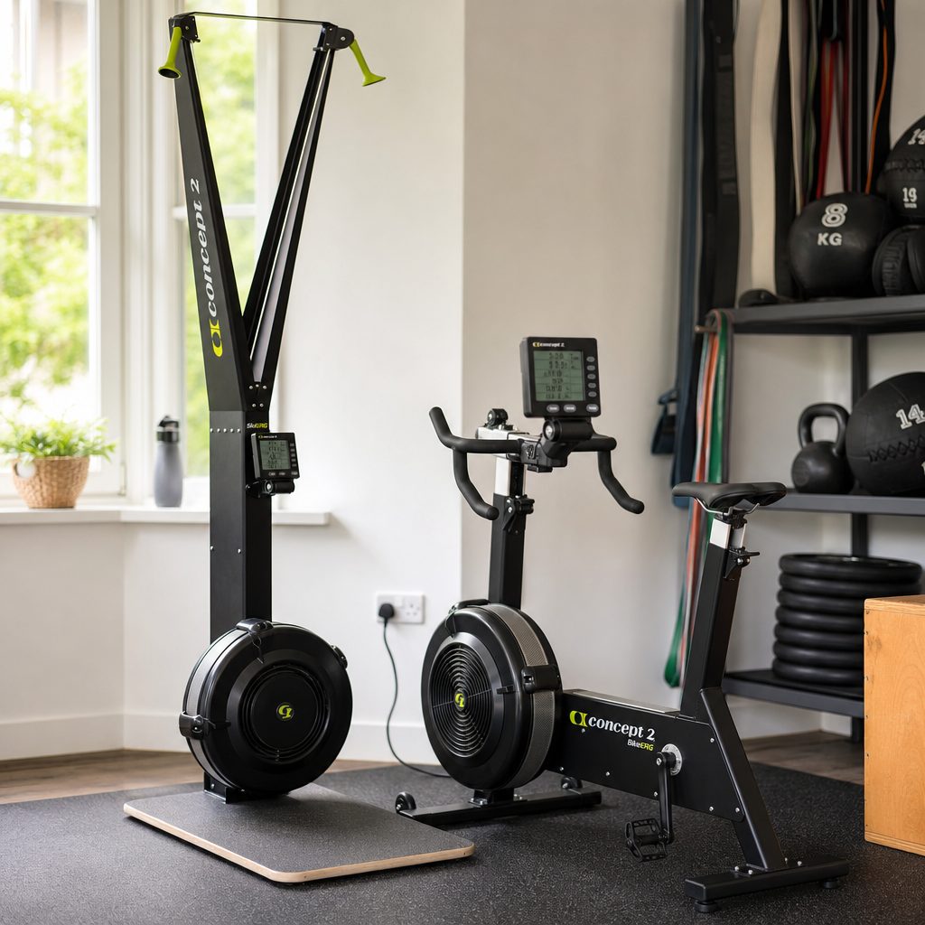 The PM5 gives both machines the same data-led training personality: pace, watts, distance and repeatable workouts rather than a screen full of distractions.