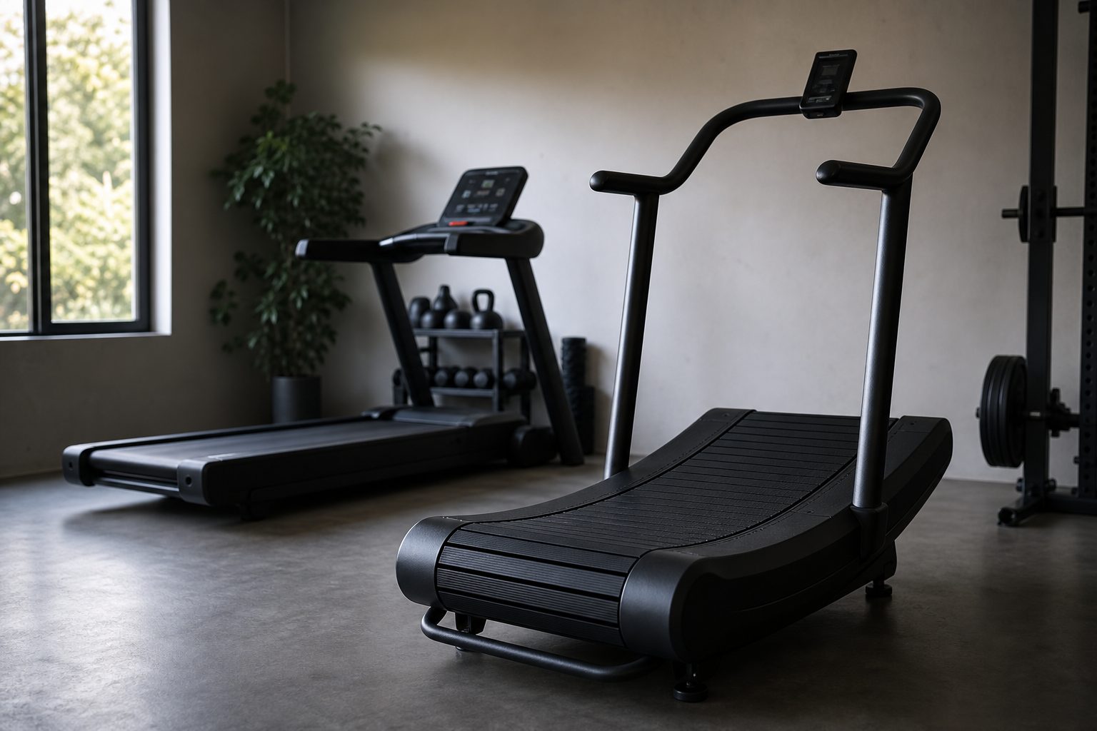 A curved manual runner uses a concave slat belt that moves only when the runner moves; a conventional motorised treadmill drives its belt at the speed selected on the console.