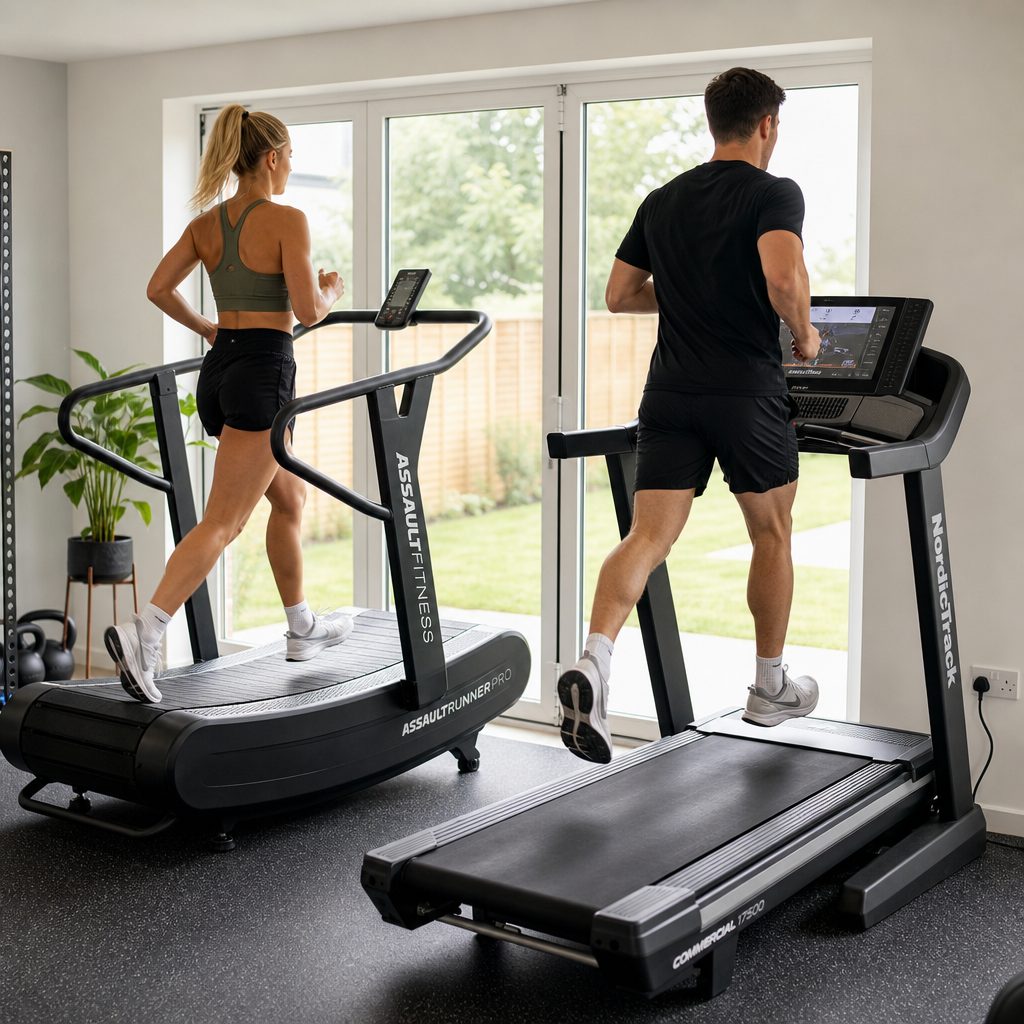 The key practical difference is pace control: on a curved runner the athlete controls the belt with foot placement and force, while on a motorised treadmill the console controls the moving belt.