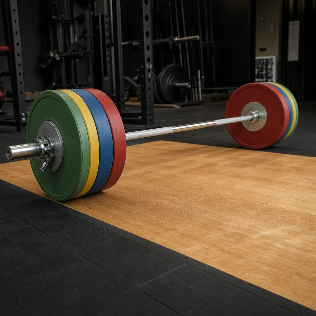 Chrome Olympic barbell loaded with coloured plates on a competition weightlifting platform