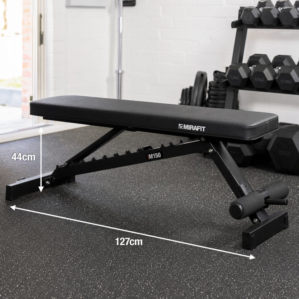 A 44cm flat bench height and a 127cm-long frame made the M150 feel like gym equipment, not a temporary flat-pack substitute.