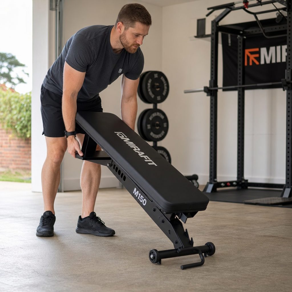 Transport wheels and a handle made the M150 realistic for shared garage and spare-room gyms, even though it was deliberately too substantial to be a folding bench.