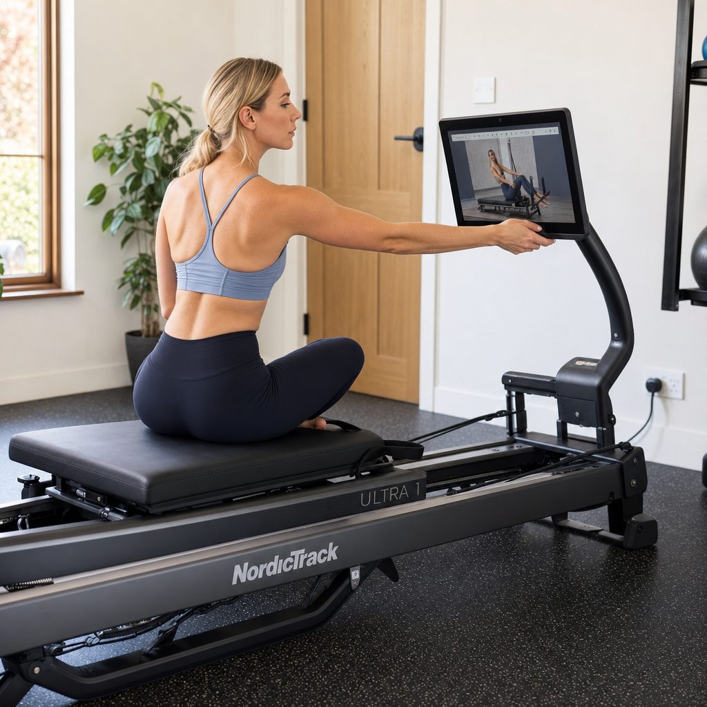 The 24-inch touchscreen tilts, pivots and swivels — a genuinely useful feature when your body position changes constantly during a reformer session.