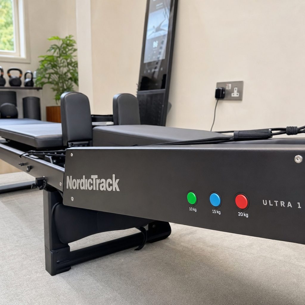 Three buttons — green (10 kg), blue (15 kg) and red (20 kg) — combine to deliver seven resistance levels from 10 kg to 45 kg.