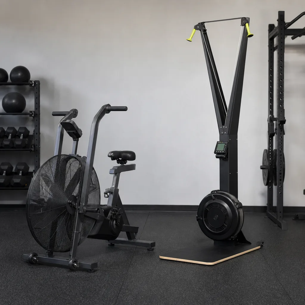 Rogue Air Rhino flywheel strength trainer in a commercial gym setting