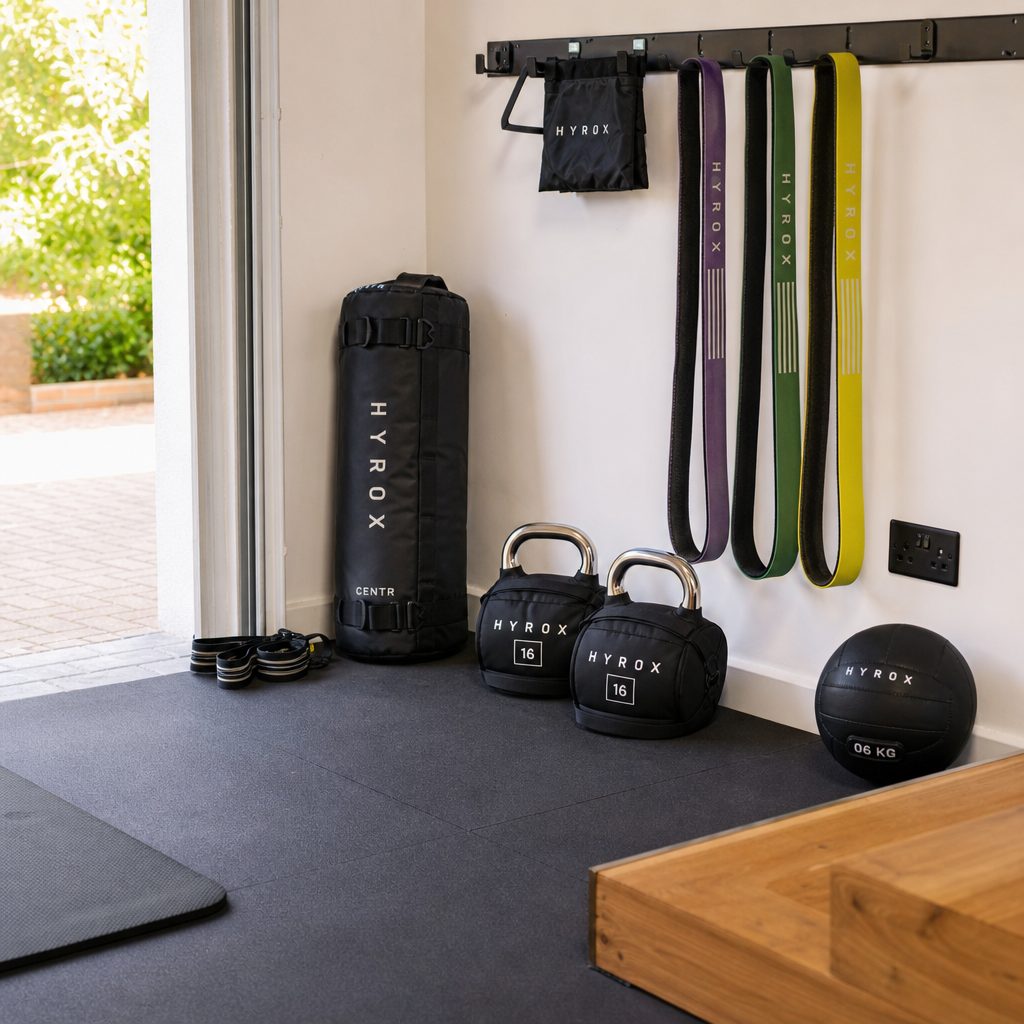 A compact HYROX corner can be built around a sandbag, carry weights, resistance bands and a safe route for running, stairs or incline work.