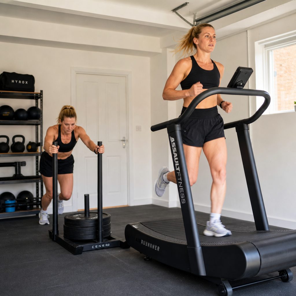 A useful home session combines short runs with one or two loaded movements, rather than trying to force an entire race into every workout.